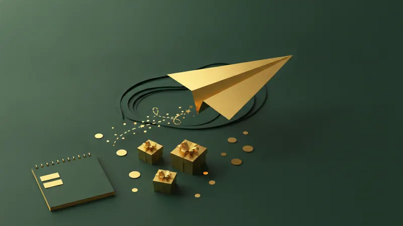 Altın kâğıt uçak, arkasında pırıltı izi ve üç küçük hediye kutusu: Telegram freespin kodları kampanyası