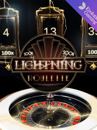 Lightning Roulette canlı oyununun kapak görseli, altın yıldırımlı rulet çarkı