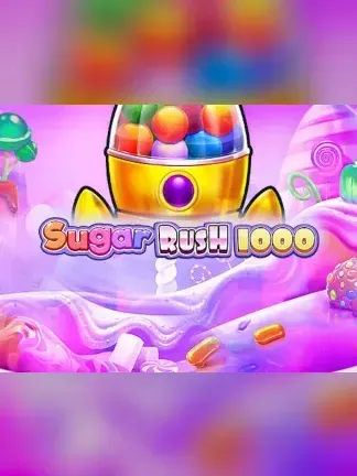 Sugar Rush 1000 slotunun kapak görseli, renkli şeker topları ve pembe zemin