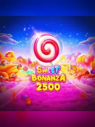 Sweet Bonanza 2500 slotunun kapak görseli, mor gökyüzünde lolipop