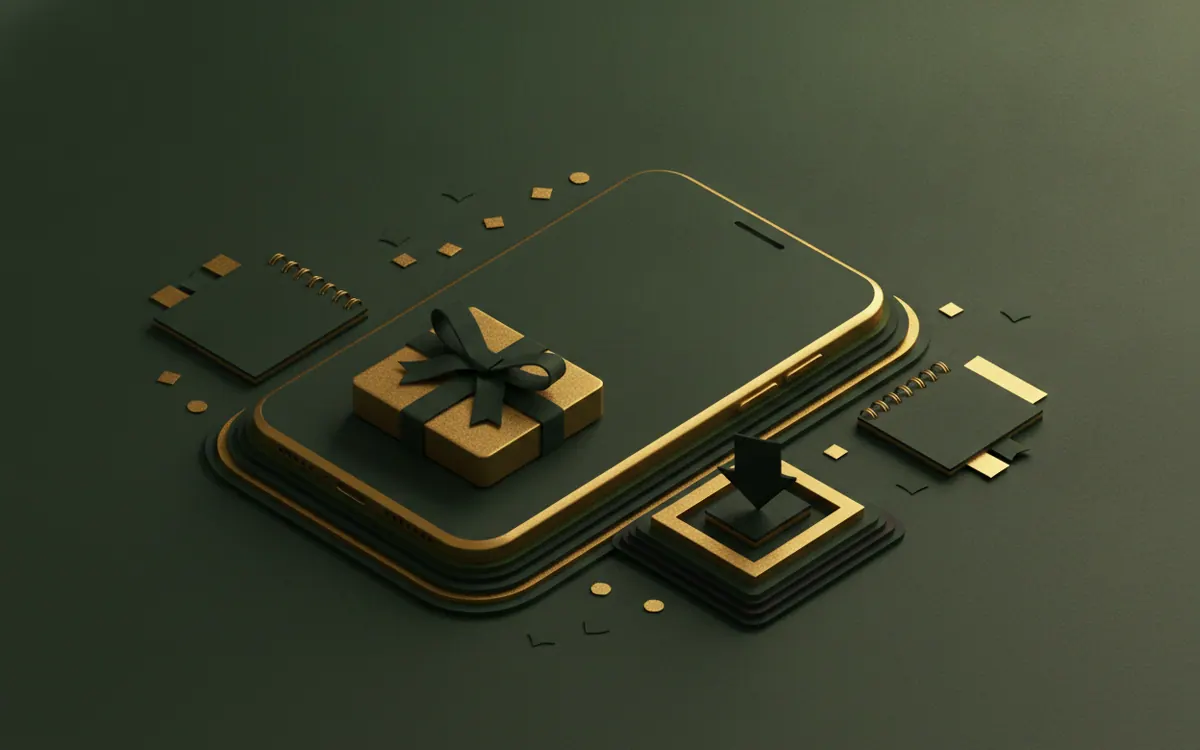 Telefon üzerinde altın paket kutusu ve indirme tepsisi: Android APK kurulumu